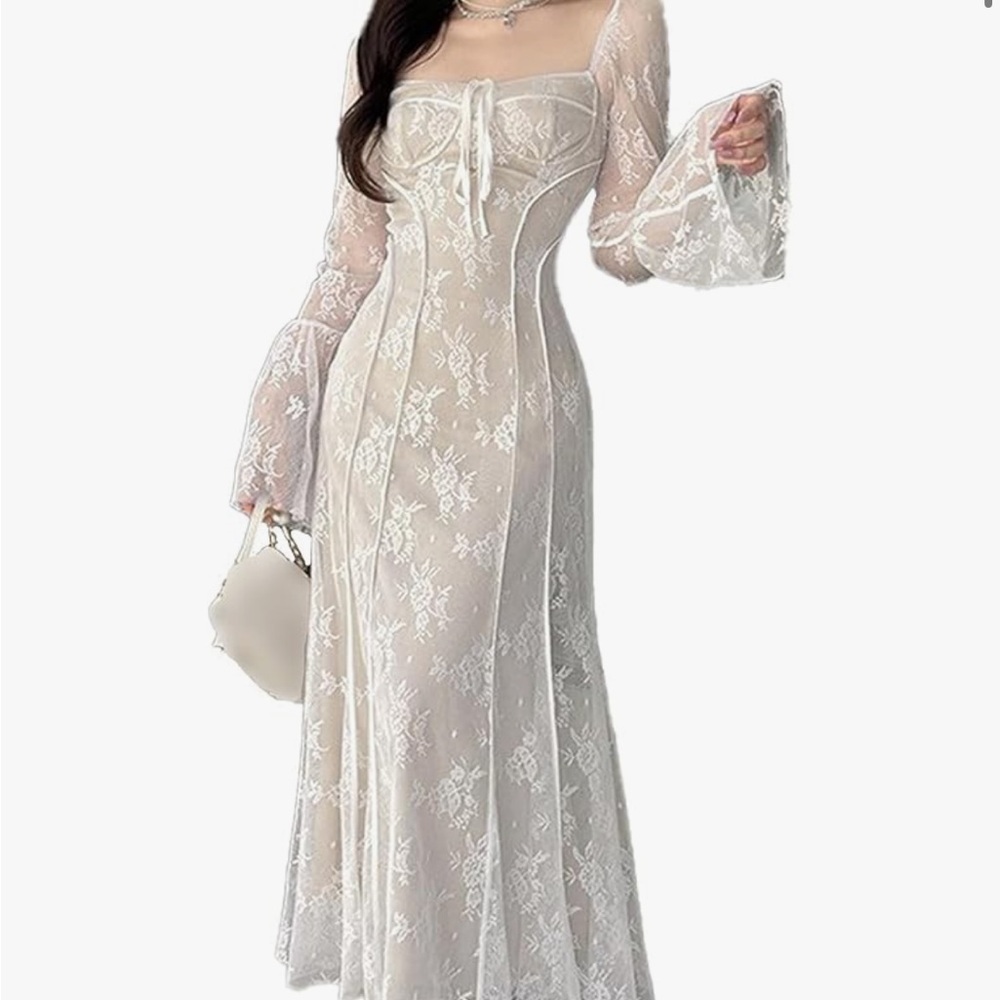 White Long Flare Sleeve Lace Dress Open Back Romantic